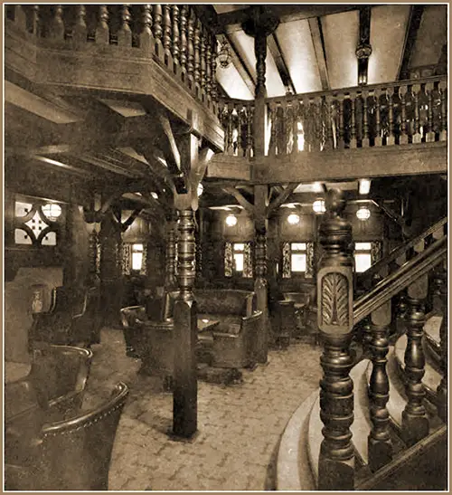 View of the Smoking Room on the SS Amerika. Built of Solid Oak, Roughly Fashioned Nineteenth Century Decor. Cassier's Magazine, December 1905, p. 100.