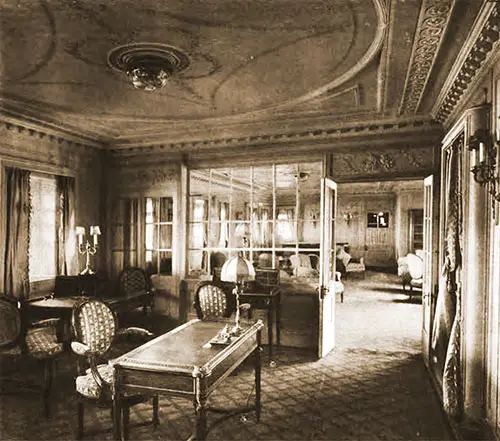 Writing Room with a View of the Ladies' Salon on the SS Kaiserin Auguste Victoria, 1907.