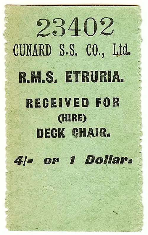 Receipt for Rental of Deck Chair During a Voyage on the RMS Etruria, c1890.