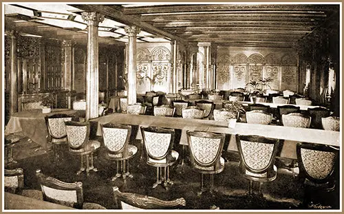 Plate LXXIV Fig. 66:- Lower First Class Dining Saloon on the Mauretania.
