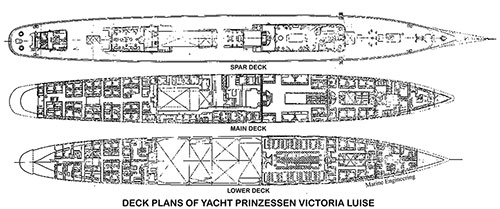 Schematic Drawing of the Spar, Main and Lower Decks of the Yacht SS Prinzessen Victoria Luise.