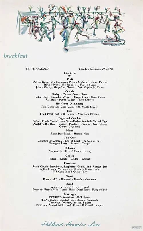 Front Cover, Vintage Breakfast Menu Card from Monday, 29 December 1958 on board the SS Maasdam of the Holland-America Line