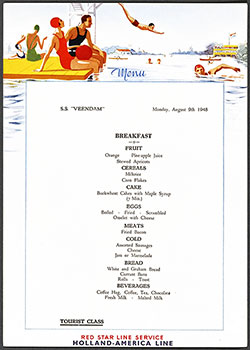 Front Cover, Vintage Tourist Class Breakfast Menu Card from 9 August 1948 on board the SS Veendam of the 9 August 1948.