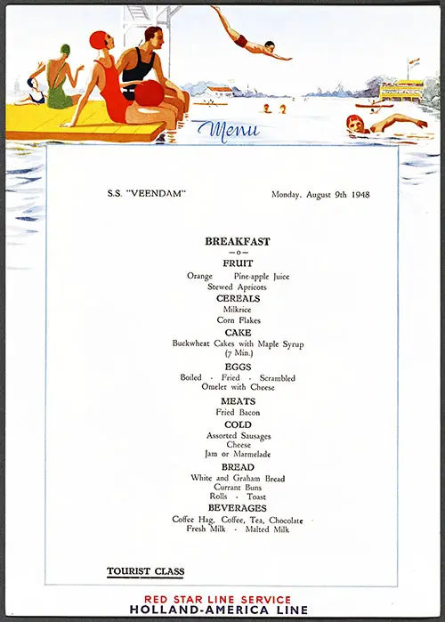 Front Cover, Vintage Tourist Class Breakfast Menu Card from 9 August 1948 on board the SS Veendam of the 9 August 1948.