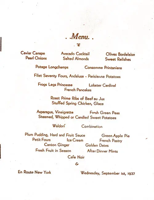 Menus Selections, Farewell Dinner Menu on the MS City of New York of the American South-African Line, Wednesday, 1 September 1937.