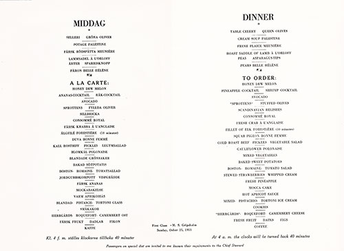 Menus Selections, Dinner Menu, First Class Class on the MS Gripsholm of the Swedish American Line, Sunday, 25 October 1953.