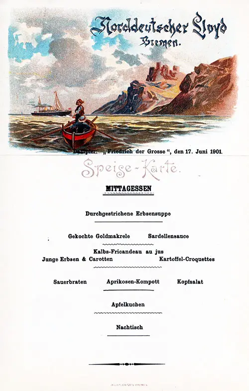 Luncheon Menu Card, SS Friedrich der Grosse, 17 June 1901.