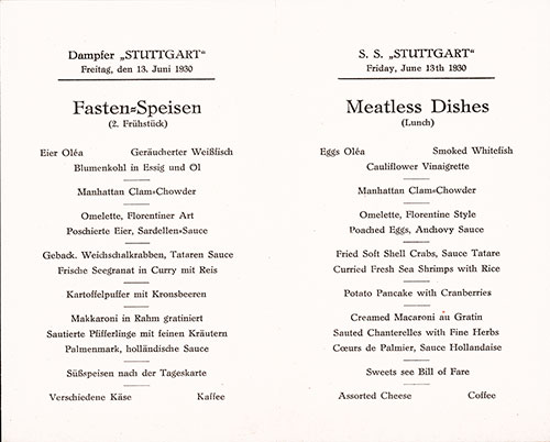 Luncheon Menu Items, SS Stuttgart, Friday, 13 June 1930. In German and English.