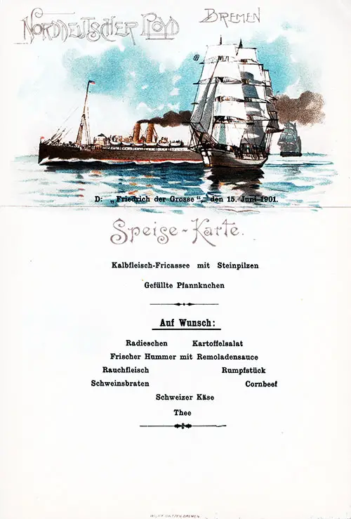 Auf Wunsch Speisekarte or On Request Menu Card, SS Friedrich der Grosse, 15 June 1901.