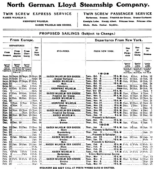 Sailing Schedule, Bremen-Southampton-Cherbourg-New York and New York-Plymouth-Cherbourg-Bremen, from 19 September 1905 to 25 March 1906.