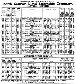 Sailing Schedule, Bremen-Southampton-Cherbourg-New York and New York-Plymouth-Cherbourg-Bremen. Mediterranean Service: Genoa-Naples-Gibraltar-New York and New York-Gibraltar-Naples-Genoa, from 1 November 1906 to 23 April 1907.