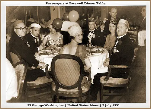 Passengers at Farewell Dinner Table on the SS George Washington of the United States Lines, 7 July 1931.