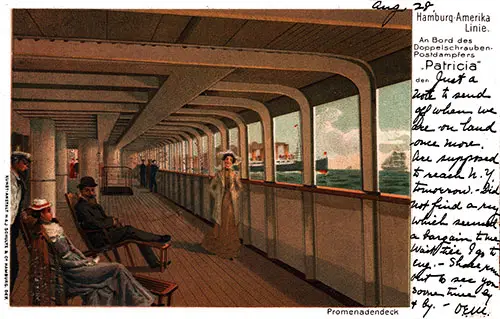 Passengers Relaxing on board the Twin-Screw Mail Steamer SS Patricia (1908) of the Hamburg-American Line on the Promenade Deck, Postally Used 30 August 1907
