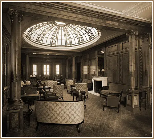 First Class Library of the RMS Mauretania Looking Across the Ship, 1907.