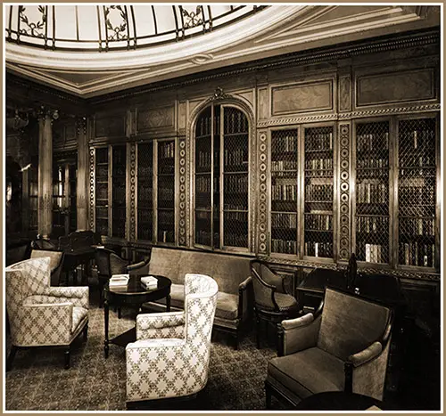 First Class Library on the Mauretania Showing Bookcases, 1907.