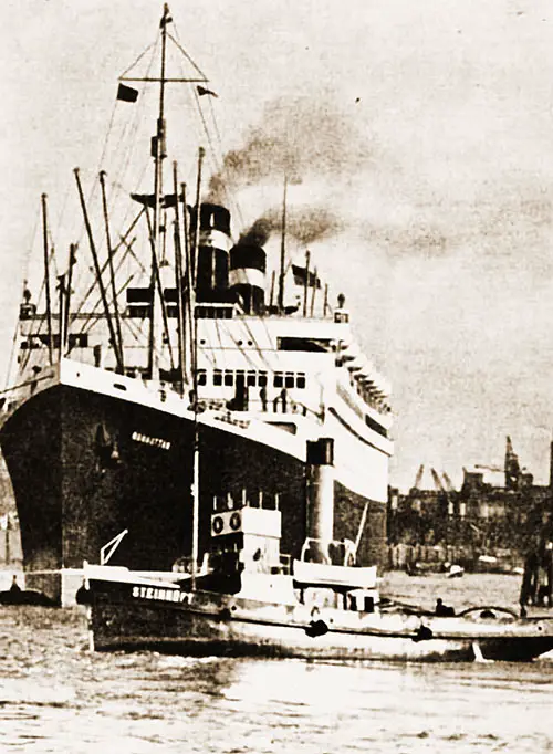 The SS Manhattan of the United States Lines in the Harbour at Hamburg, Germany, ca. 1935.