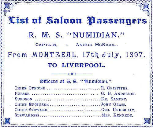 Constructed Title Page and List of Senior Officers and Staff, RMS Numidian Saloon Passenger List, 17 July 1897.