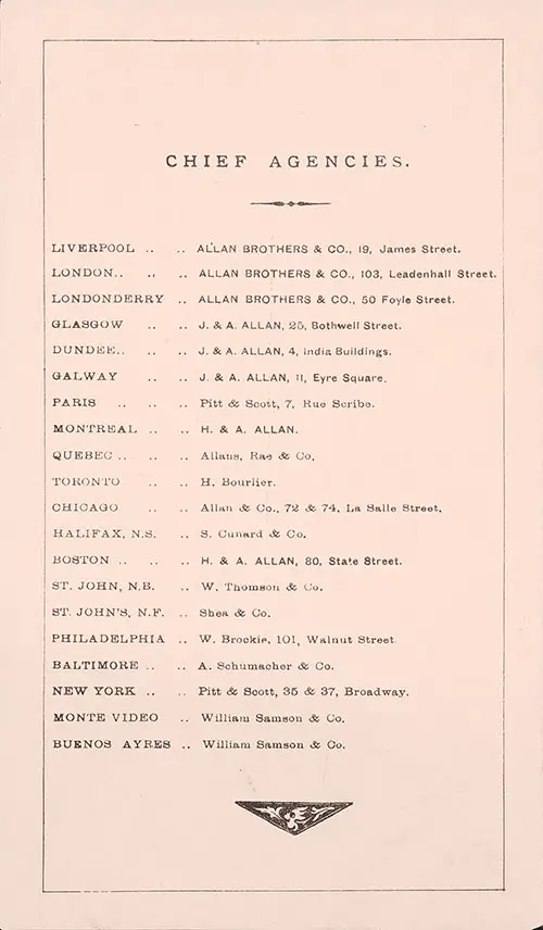 Chief Agencies of the Allan Line on the Back Cover, SS Parisian Passenger List, 17 September 1891.