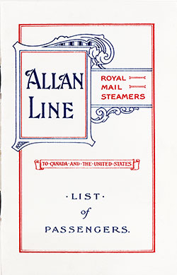 Front Cover of a Cabin Passenger List from the RMS Parisian of the Allan Line, Departing Saturday, 6 April 1912 from Glasgow to Halifax and Boston.