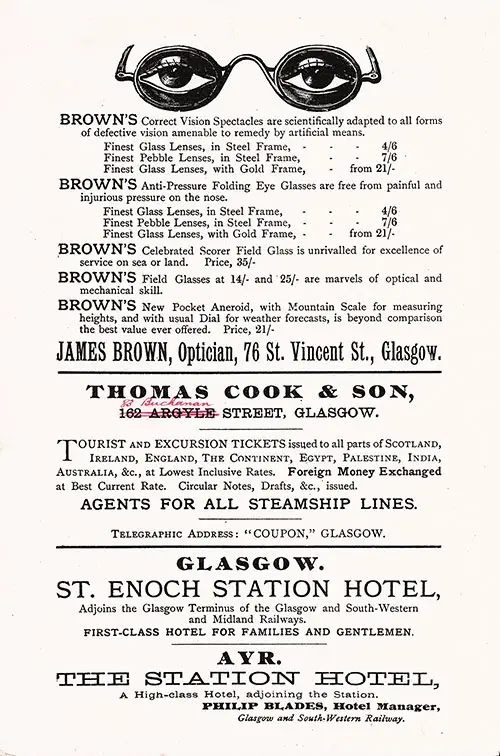 Advertisement, Brown's Eyeglasses, Thomas Cook & Son, St. Enoch Station Hotel in Glasgow, and The Station Hotel in Ayr, 1894.