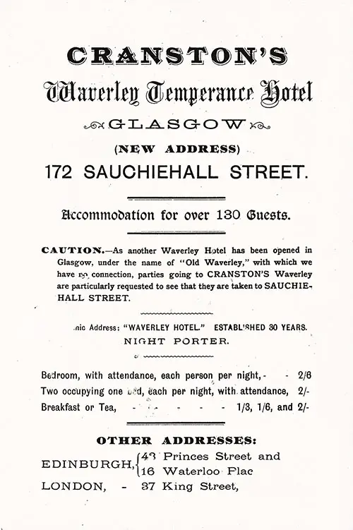 Advertisement, Cranston's Waverley Temperance Hotel in Glasgow, Edinburgh, and London, 1894.