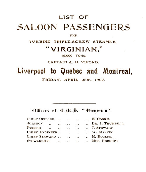Constructed Title Page with Senior Officers and Staff, RMS Virginian Saloon Passenger List, 26 April 1907.