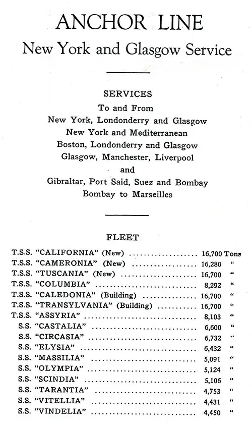 Anchor Line New York and Glasgow Services; Fleet List.
