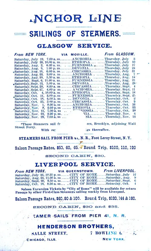 Sailing Schedule, Glasgow-Moville-New York Service, 19 July 1890 to 29 November 1890.