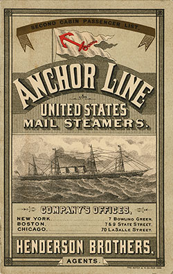 Front Cover of a Second Class Passenger List from the SS City of Rome of the Anchor Steamship Line, Departing 13 June 1888 from New York to Liverpool
