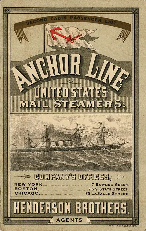 Front Cover of a Second Class Passenger List from the SS City of Rome of the Anchor Steamship Line, Departing 13 June 1888 from New York to Liverpool