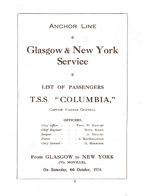Title Page with Listing of Senior Officers and Staff. TSS Columbia Cabin Passenger List, 4 October 1924.