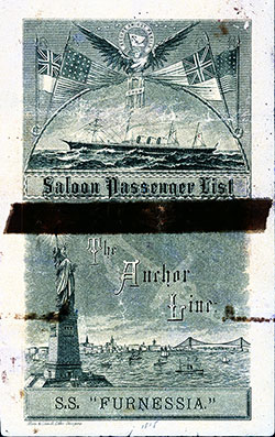 Front Cover, Saloon Passenger List from the SS Furnessia of the Anchor Steamship Line, Departing Thursday, 19 July 1888, from Glasgow to New York via Moville