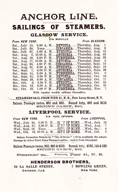 Sailing Schedule, Glasgow and Liverpool Service, New York-Moville-Glasgow and New York-Queenstown (Cobh)-Liverpool, from 31 July 1889 to 7 November 1889.