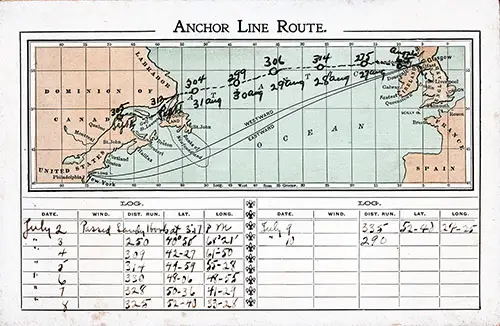 Track Chart and Abstract of Log on the Back Cover of a Anchor Steamship Line SS Furnessia Saloon Passenger List from 2 July 1904.