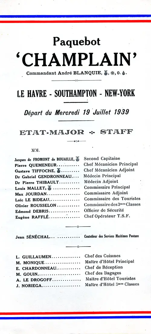 Title Page Including List of Senior Officers and Staff, SS Champlain Cabin Passenger List, 19 July 1939.