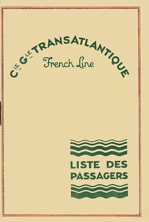 Front Cover of a Cabin Class Passenger List from the SS De Grasse of the CGT French Line, Departing 20 July 1929 from Le Havre to New York.