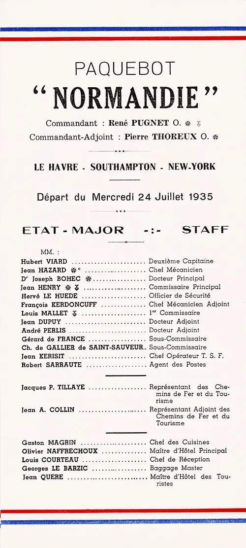 Title Page Including Senior Officers and Staff, SS Normandie Tourist Third Cabin Passenger List, 24 July 1935.