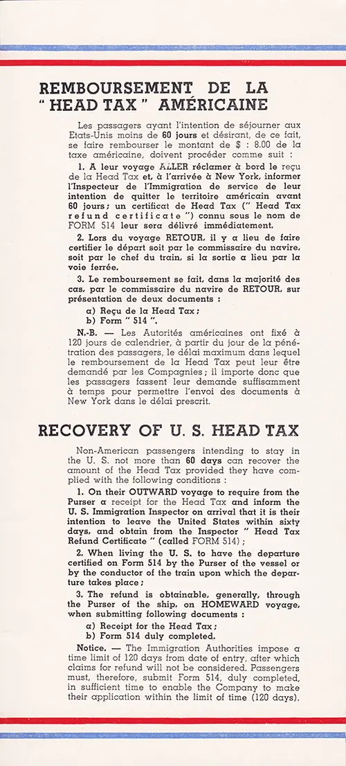 Recovery of U.S. Head Tax, in French and English. SS Normandie Passenger List, 24 July 1935.