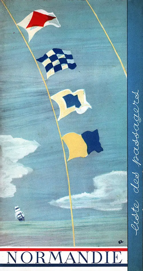 Front Cover of a Tourist Class Passenger List from the SS Normandie of the CGT French Line, Departing 29 July 1936 from Le Havre to New York via Southampton.