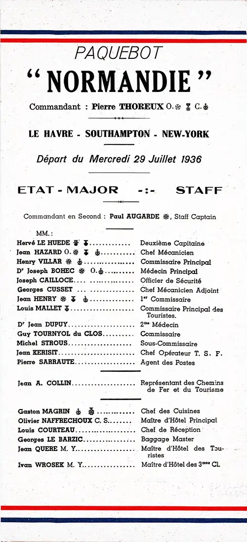Title Page with Senior Officers and Staff, SS Normandie Tourist Class Passenger List, 29 July 1936.