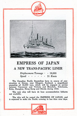 Empress of Japan, a New Trans-Pacific Liner. Displacement Tonnage 26,000, Speed 21 Knots.
