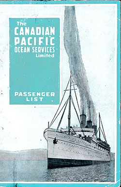 Passenger Manifest, Canadian Pacific SS Pretorian - 1919 - Front Cover