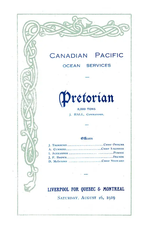 Title Page and List of Senior Officers, SS Pretorian Cabin Passenger List, 16 August 1919.
