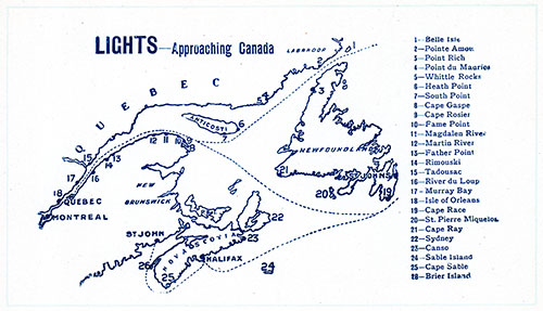 Map of Lights Approaching Canada, SS Pretorian Cabin Passenger List, 16 August 1919.