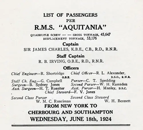 Senior Officers and Staff. RMS Aquitania Second Class Passenger List, 18 June 1924.