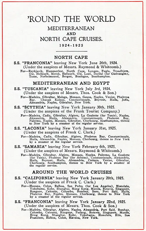 Advertisement, Around the World, Mediterranean, and North Cape Cruises 1924-1925.
