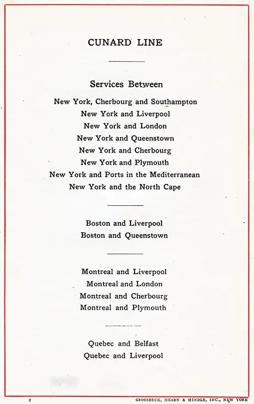 Cunard Services Between US, Canadian, and European Ports.