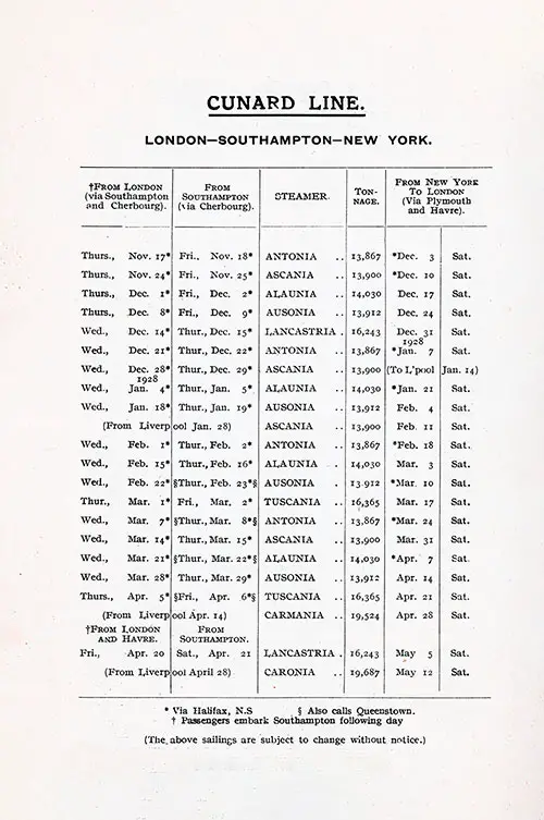 Sailing Schedule, London-Southampton-New York, from 17 November 1927 to 12 May 1928.