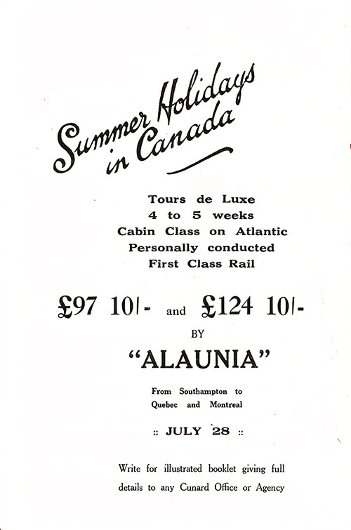 Advertisement: Summer Holidays in Canada. RMS Ausonia Cabin Passenger List, 4 May 1928.
