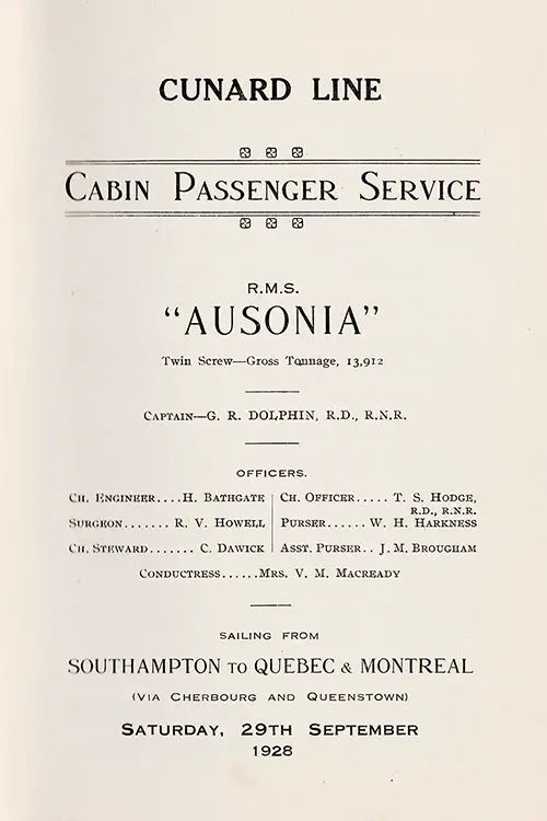 Title Page Including Senior Officers and Staff. RMS Ausonia Cabin Passenger List from 29 September 1928.